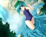  blue_eyes blue_hair dutch_angle flat_chest hat kawashiro_nitori kobanzame looking_at_viewer one-piece_swimsuit school_swimsuit short_hair solo submerged swimsuit touhou twintails water waterfall 
