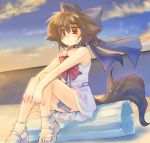  1girl blue_collar blue_ribbon brown_hair child cocoa_(toba) collar ears hair_ribbon hair_ribbons hands original red_eyes ribbon sandals sitting solo tail toba_hiyoko 