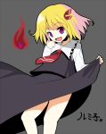  character_name fang finger_to_mouth hair_ribbon itou_life necktie purple_eyes ribbon rumia short_hair skirt skirt_lift solo taiki touhou 