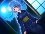  ayakashi_h blue blue_hair blush braid dutch_angle game_cg japanese_clothes kimono moon moonlight night purple_eyes sitting solo toma_(asagayatei) violet_eyes window windowsill yoake_eimu 