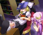  book bookshelf chair crossed_legs hexagram kirisame_marisa kobanzame multiple_girls nap open_mouth patchouli_knowledge saliva sitting sleeping touhou walk-in 