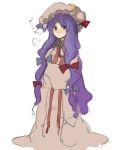  :t bow crescent crossed_arms dress hair_bow hat kasa long_hair patchouli_knowledge pout purple_eyes purple_hair robe rough simple_background sleeves_past_wrists solo touhou very_long_hair 