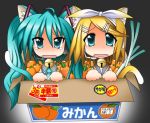  bad_id box carrot cat_ears food for_adoption fruit hatsune_miku in_box in_container kagamine_len kagamine_rin orange rindou_(awoshakushi) spring_onion tail tears vocaloid 