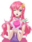  breasts cleavage coat feathers gloves gundam gundam_seed hair_ornament hairclip happy haro highres lacus_clyne long_hair open_mouth pink_hair simple_background solo wink 