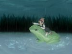  frog harano hat moriya_suwako oogama oversized_animal pointing rain riding thighhighs touhou 