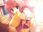  800x600 blue_eyes book bookcase game_cg milfa mitsumi_misato pillows pink_hair sunlight to_heart_2 to_heart_2_ad wallpaper 