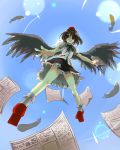  bunbunmaru feathers flying from_below geta hat kobanzame looking_down newspaper open_mouth panties pantyshot shameimaru_aya sky smile solo tengu-geta touhou underwear wings 