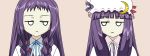  ayase_yue crescent crossover empty_eyes eye_contact flat_gaze hat look-alike mahou_sensei_negima mahou_sensei_negima! neck_ribbon negima!? no_nose patchouli_knowledge purple_hair ribbon simple_background touhou 