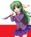  green_eyes green_hair hair_bow higurashi_no_naku_koro_ni knife long_hair mei school_uniform skirt sonozaki_shion standing 