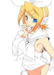  armpits blonde_hair blue_eyes detached_sleeves hair_ornament hair_ribbon hairclip headset hermmy kagamine_rin mound_of_venus partially_colored ribbon school_uniform serafuku short_hair solo vocaloid work_in_progress 