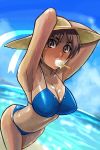  arms_up bikini breasts brown_eyes cleavage food hat ice_cream large_breasts mouth_hold ryunryun swimsuit tan tanline wet 