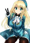  1girl aqua_eyes atago_(kantai_collection) blonde_hair breasts gloves haik hat highres kantai_collection large_breasts looking_at_viewer military military_uniform pantyhose personification smile solo uniform v 