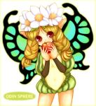  apples bad_id blonde_hair braid fairy flower food fruit holding holding_fruit kannagi_kaname mercedes odin_sphere pointy_ears red_eyes title_drop twin_braids wings 