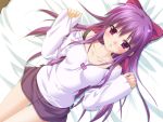  aki_no_urarano_akane_iro_shouten_gai bed blush game_cg hair_ribbon hair_ribbons long_hair long_sleeves miniskirt odajima_kosuzu peko purple_eyes purple_hair ribbon skirt violet_eyes 