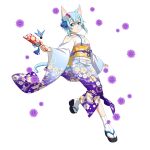  1girl animal_ears bag blue_eyes blue_hair blue_ribbon cat_ears cat_tail closed_mouth floral_print full_body gradient_kimono hair_between_eyes highres holding japanese_clothes kimono leg_up long_sleeves looking_at_viewer obi official_art print_kimono ribbon sash shiny shiny_hair short_hair_with_long_locks sidelocks sinon_(sao-alo) solo sword_art_online tabi tail transparent_background white_legwear wide_sleeves yukata 