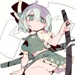  1girl bangs black_hairband breasts bright_pupils closed_mouth eyebrows_visible_through_hair frilled_skirt frills green_eyes green_skirt green_vest grey_shirt hair_between_eyes hairband highres holding holding_sword holding_weapon konpaku_youmu konpaku_youmu_(ghost) ma_sakasama medium_breasts navel sheath shirt short_hair short_sleeves simple_background skirt solo sword touhou vest weapon white_background white_pupils white_shirt 