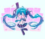  &gt;_&lt; 1girl :d ahoge arm_up bangs black_footwear black_legwear black_skirt black_sleeves blue_hair blue_neckwear boots chibi collared_shirt detached_sleeves full_body gun hair_between_eyes handgun hatsune_miku headset holding holding_gun holding_weapon long_hair necktie nyam_030 open_mouth pistol pleated_skirt shirt skirt smile solo thigh-highs thigh_boots twintails v very_long_hair vocaloid weapon white_shirt xd 