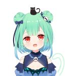  1girl :d animal_on_head bangs bare_shoulders black_bow black_cat blue_dress blue_sleeves blush bow cat commentary_request detached_sleeves deyui double_bun drawn_tail drawn_whiskers dress earrings eyebrows_visible_through_hair fang green_hair hair_bow hair_ornament highres hololive jewelry looking_at_viewer on_head open_mouth puffy_sleeves red_eyes simple_background skull_earrings skull_hair_ornament sleeveless sleeveless_dress smile solo tail_raised upper_body uruha_rushia virtual_youtuber white_background 