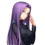 1girl adjusting_eyewear black_sweater breasts fate/hollow_ataraxia fate/stay_night fate_(series) glasses hair_intakes highres large_breasts long_hair long_sleeves medusa_(rider)_(fate) porikeracchou purple_hair smile solo sweater turtleneck turtleneck_sweater upper_body very_long_hair violet_eyes 
