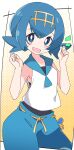  1girl blue_eyes blue_hair hairband hands_up ixy lana_(pokemon) one-piece_swimsuit open_mouth pokemon pokemon_(game) pokemon_sm smile solo swimsuit swimsuit_under_clothes 