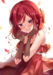  1girl bangs birthday black_gloves blush commentary_request confetti depe dress earrings elbow_gloves gloves highres jewelry looking_at_viewer love_live! love_live!_school_idol_project necklace nishikino_maki red_dress redhead short_hair sidelocks solo violet_eyes 