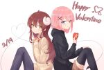 2girls back-to-back blue_eyes brown_hair candy chiyoda_momo chocolate chocolate_heart cross_hair_ornament daifuku_(tkja3555) demon_girl demon_horns demon_tail food hair_ornament heart heart_tail hood hoodie horns long_hair machikado_mazoku multiple_girls pink_hair short_hair shorts simple_background sitting smile sweater tail thigh-highs valentine white_background yellow_eyes yoshida_yuuko_(machikado_mazoku) yuri