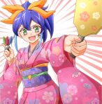 1girl blue_hair green_eyes high_ponytail kimono multicolored_hair open_mouth smile strt yellow_bow yuu-gi-ou yuu-gi-ou_arc-v 