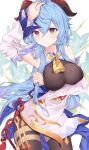  1girl absurdres arm_up bell black_bodysuit blue_hair bodysuit breasts cowbell detached_sleeves floral_background ganyu_(genshin_impact) genshin_impact goat_horns hair_between_eyes highres horns large_breasts long_hair looking_at_viewer red_eyes simple_background solo vayneeeee white_background 