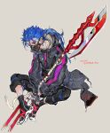  1boy alternate_costume alternate_weapon beads blue_hair cu_chulainn_(fate)_(all) cu_chulainn_(fate/stay_night) dog_tags earrings fate/stay_night fate_(series) fingerless_gloves full_body g0ringo gloves grey_background hair_beads hair_ornament highres hood hood_down hoodie jewelry long_hair male_focus mask mouth_mask muzzle pants polearm ponytail red_eyes sandals simple_background sitting sketch socks solo spiky_hair strap weapon 