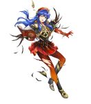 1girl alternate_costume armor bangs bare_shoulders blue_eyes blue_hair boots bracelet elbow_gloves feather_trim fire_emblem fire_emblem:_the_binding_blade fire_emblem_heroes full_body gloves gold_trim gradient gradient_clothes hat highres jewelry lilina_(fire_emblem) long_hair miniskirt official_art pantyhose red_gloves red_skirt shiny shiny_hair shiny_skin skirt solo yamada_koutarou 