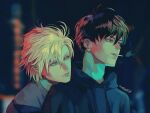  2boys ash_lynx banana_fish bangs black_hair blonde_hair blurry brown_eyes green_eyes hair_between_eyes hood hoodie male_focus multiple_boys okumura_eiji signature smoke smoking throttlee twitter_username upper_body 