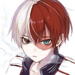  1boy blue_eyes boku_no_hero_academia breath brown_eyes hair_behind_ear heterochromia highres kiri_uranji looking_at_viewer male_focus multicolored_hair open_mouth redhead solo todoroki_shouto two-tone_hair upper_body white_background white_hair 