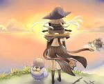  1girl brown_cape brown_capelet brown_footwear brown_gloves cape cliff clouds commentary_request fingerless_gloves from_behind full_body gazebo gloves grass island long_hair negi_mugiya ocean orange_sky outdoors palm_tree ragnarok_online sage_(ragnarok_online) seal_(ragnarok_online) shoes sky standing striped_cape striped_capelet sunset tree waist_cape water 