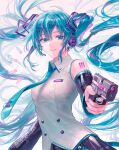  1girl bangs bare_shoulders black_skirt black_sleeves blue_eyes blue_hair blue_nails blue_neckwear breasts cartridge collared_shirt commentary_request detached_sleeves eyebrows_visible_through_hair fingernails grin gun hair_ornament handgun hatsune_miku headset highres holding holding_gun holding_weapon long_hair long_sleeves looking_at_viewer medium_breasts multicolored_hair nail_polish necktie nyam_030 pink_hair pistol shirt skirt smile solo streaked_hair twintails upper_body very_long_hair vocaloid weapon white_background white_shirt 