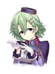  1girl eiyuu_densetsu garrison_cap gloves green_hair hair_ornament hairclip hakuleg hat looking_at_viewer musse_egret sen_no_kiseki short_hair simple_background smile solo violet_eyes white_background 