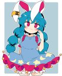  1girl animal_ears blue_background blue_dress blue_hair border closed_mouth crescent_print cropped_legs dress ear_clip eyebrows_visible_through_hair highres ini_(inunabe00) long_hair looking_at_viewer low_twintails pink_eyes rabbit_ears seiran_(touhou) short_sleeves simple_background smile solo star_(symbol) star_print touhou twintails white_border 