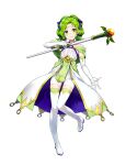  1girl amagai_tarou bangs bare_shoulders blush boots closed_mouth criss-cross_halter dress elbow_gloves fire_emblem fire_emblem:_the_sacred_stones fire_emblem_heroes full_body gloves green_eyes green_hair hair_ornament halterneck highres holding jewelry l&#039;arachel_(fire_emblem) leg_up long_hair looking_at_viewer official_art shiny shiny_hair sleeveless smile solo staff standing thigh-highs thigh_boots tied_hair transparent_background white_footwear white_gloves 