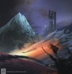  abandoned aurahack blurry blurry_foreground building clouds depth_of_field landscape mountain mountainous_horizon night night_sky no_humans original outdoors patreon_username ruins scenery sky snow star_(sky) watermark web_address 