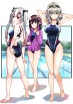  3girls absurdres adjusting_clothes adjusting_swimsuit arm_behind_head armpits ass azki_(hololive) back_cutout back_tattoo bangs barefoot black_ribbon blush braid breasts brown_hair closed_mouth clothing_cutout colored_inner_hair competition_swimsuit covered_navel day eyebrows_visible_through_hair facial_mark fang french_braid green_eyes grey_hair hair_between_eyes hair_ribbon highleg highleg_swimsuit highres hololive jacket kneepits large_breasts long_hair looking_at_viewer looking_back medium_breasts multicolored_hair multiple_girls nakiri_ayame one-piece_swimsuit open_clothes open_jacket open_mouth outdoors pink_hair pool pukara purple_jacket red_eyes ribbon shirogane_noel short_hair silver_hair smile standing streaked_hair swimsuit tattoo tiara track_jacket violet_eyes virtual_youtuber 