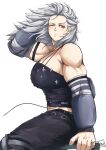  1girl abs armpit_hair batako1812 breasts corset dorohedoro earrings highres jewelry large_breasts long_hair looking_at_viewer mature_female muscular muscular_female noi_(dorohedoro) one_eye_closed red_eyes simple_background smile 