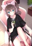  1girl absurdres ahoge animal_ears bangs barefoot bendy_straw black_shirt blue_eyes blurry blurry_background brown_hair can cat_ear_headphones chair chiyomaru_(yumichiyo0606) collarbone commentary_request depth_of_field drinking_straw energy_drink eyebrows_visible_through_hair fake_animal_ears feet_out_of_frame hair_between_eyes hand_up headphones highres holding holding_can hololive indoors looking_at_viewer monster_energy natsuiro_matsuri office_chair on_chair panties shirt short_sleeves side_ponytail sitting solo underwear virtual_youtuber white_panties wooden_floor 