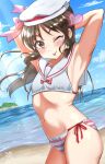  1girl arm_behind_head armpits beach bikini blue_sky breasts brown_eyes brown_hair clouds commentary_request dated day dutch_angle half_updo heart highres idolmaster idolmaster_cinderella_girls island jun_piro light_rays long_hair looking_at_viewer mismatched_bikini ocean one_eye_closed outdoors sailor_bikini sailor_collar side-tie_bikini signature sky small_breasts solo striped sunbeam sunlight swimsuit tachibana_arisu tongue tongue_out white_bikini white_sailor_collar 