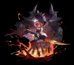  1girl arknights collar demon demon_girl demon_horns dress horns kevinsiji long_hair looking_at_viewer lowres molten_rock redhead solo spiked_collar spikes surtr_(arknights) sword thigh-highs violet_eyes weapon 