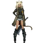 1girl :d ahoge animal_ears arknights bangs black_footwear blonde_hair blue_eyes boots dark_skin full_body grey_jacket grey_shirt hand_on_hip holding holding_sword holding_weapon infukun jacket knee_boots left-handed long_hair long_sleeves morgan_(arknights) official_art open_clothes open_jacket open_mouth shirt short_shorts shorts smile solo standing sword tail thighs tiger_ears tiger_tail transparent_background weapon white_shorts 