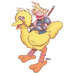  1boy :d big_bird chocobo cloud_strife colored_skin darren_calvert english_commentary final_fantasy final_fantasy_vii full_body gloves looking_at_viewer open_mouth pink_skin reins riding sesame_street signature simple_background smile sword sword_behind_back weapon white_background 