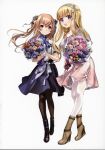  2girls bangs black_ribbon blonde_hair blush bouquet breasts brown_eyes closed_mouth double_bun eyebrows_visible_through_hair fletcher_(kancolle) flower hair_ornament hair_ribbon hairband highres holding holding_bouquet johnston_(kancolle) kantai_collection large_breasts light_brown_hair long_hair looking_at_viewer medium_breasts multiple_girls neckerchief official_art open_mouth ribbon scan scan_artifacts shirt short_sleeves simple_background skirt smile star_(symbol) star_hair_ornament two_side_up violet_eyes white_background white_legwear white_ribbon zeco 