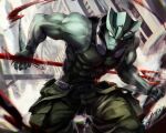  1boy antennae artist_name bare_arms bare_shoulders black_tank_top blank_eyes blood building cargo_pants claws clenched_hand clock clock_tower closed_mouth colored_skin commentary_request covered_abs dai-xt fins green_pants green_skin hip_strap holding holding_polearm holding_weapon kekkai_sensen looking_at_viewer male_focus monster_boy muscular muscular_male pants pectorals polearm skin_tight sleeveless solo tank_top tower trident weapon wristband zed_o&#039;_brien 