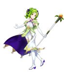  1girl amagai_tarou bangs bare_shoulders boots closed_mouth collarbone criss-cross_halter dress elbow_gloves fire_emblem fire_emblem:_the_sacred_stones fire_emblem_heroes full_body gloves green_eyes green_hair hair_ornament halterneck highres holding jewelry l&#039;arachel_(fire_emblem) long_hair looking_away official_art shiny shiny_hair sleeveless smile solo staff thigh-highs thigh_boots tied_hair transparent_background white_footwear white_gloves 