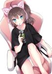  1girl absurdres ahoge animal_ears bangs barefoot bendy_straw black_shirt blue_eyes brown_hair can cat_ear_headphones chair chiyomaru_(yumichiyo0606) collarbone drinking_straw energy_drink eyebrows_visible_through_hair fake_animal_ears feet_out_of_frame hair_between_eyes hand_up headphones highres holding holding_can hololive looking_at_viewer monster_energy natsuiro_matsuri office_chair on_chair panties shirt short_sleeves side_ponytail simple_background sitting solo underwear virtual_youtuber white_background white_panties 