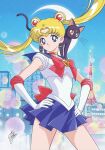 1girl animal_on_shoulder bishoujo_senshi_sailor_moon blonde_hair blue_eyes brooch building cat cat_on_shoulder choker circlet city contrapposto cowboy_shot crescent crescent_earrings crescent_moon double_bun earrings elbow_gloves gloves hands_on_hips jewelry long_hair luna_(sailor_moon) magical_girl marco_albiero miniskirt moon sailor_collar sailor_moon signature skirt skyscraper smile solo tokyo_tower tsukino_usagi twintails white_gloves 